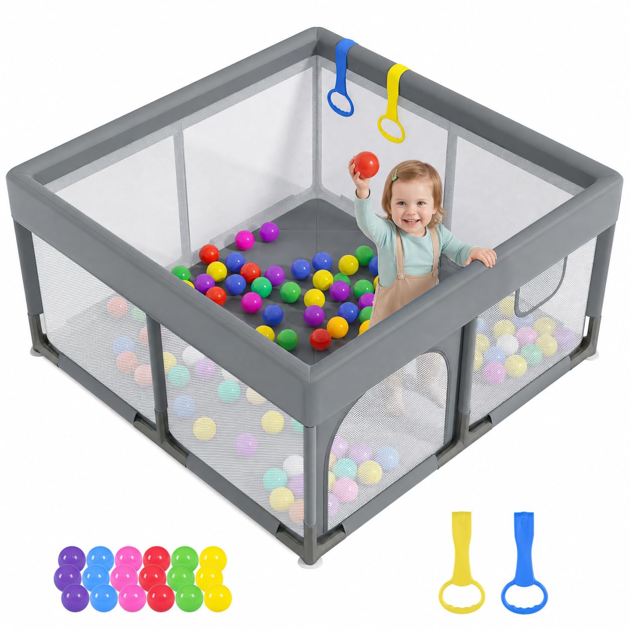 Dripex Laufstall Baby mit Matte, Laufgitter Baby 124×124cm, Hellgrau