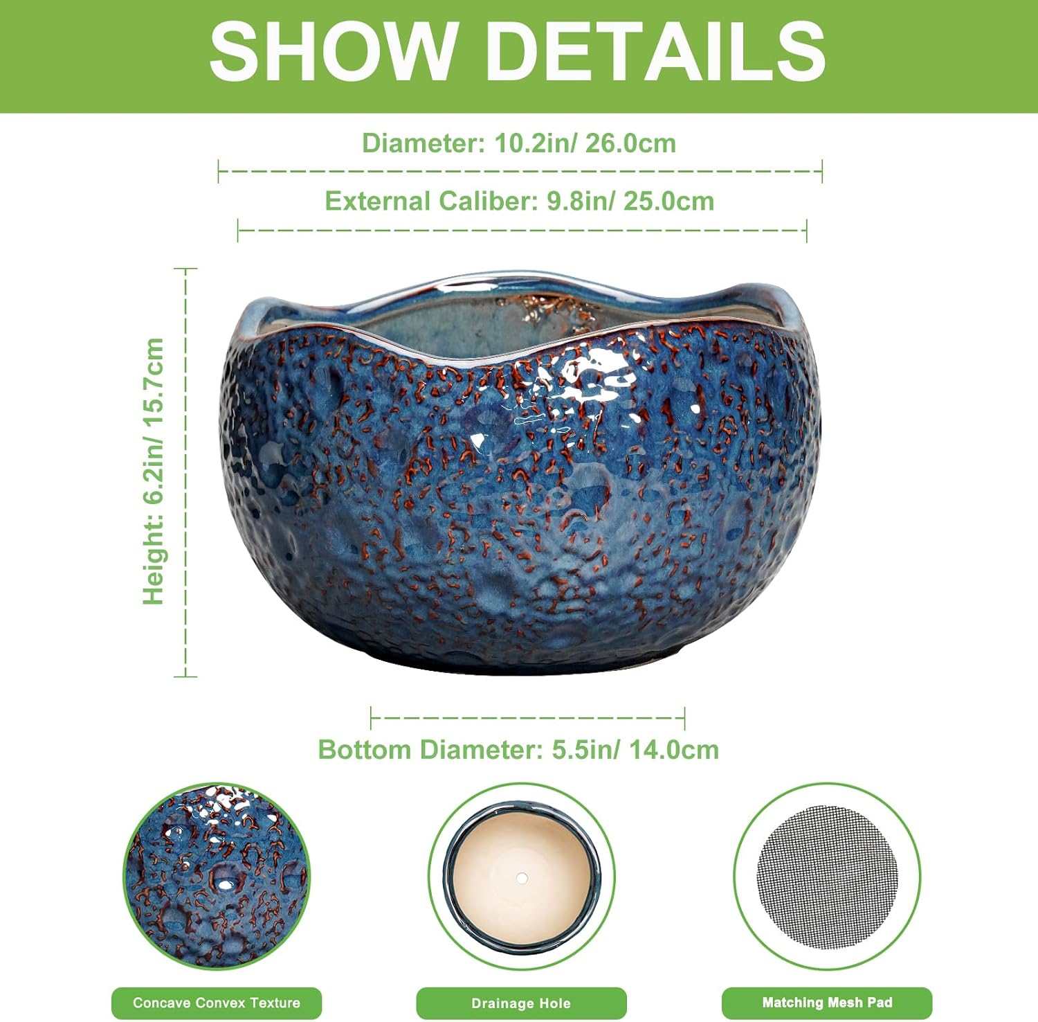 10 Inch Plant Pot - Ceramic Planter for Indoor Outdoor, Round Bonsai Pots, Decorative Flower Pots with Drainage Hole, Modern Unique Planters, House Decor, Home Gifts, Retro Blue 10.5 Inch Retro Blue