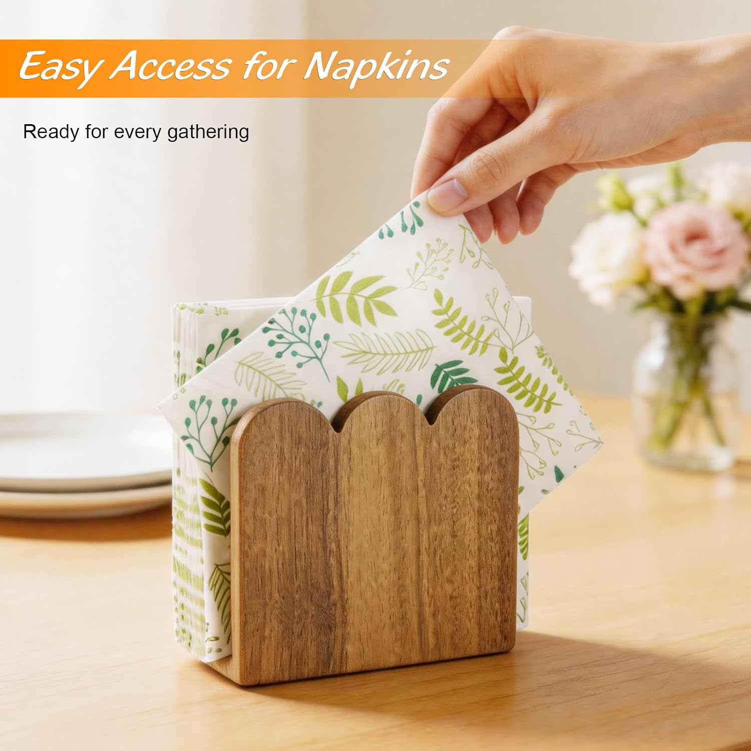 Acacia Wood Napkin Holder for Table, Scalloped Upright Wooden Napkin Dispenser, Countertop Paper Napkin Holder for Kitchen Dining Table Restaurant Party