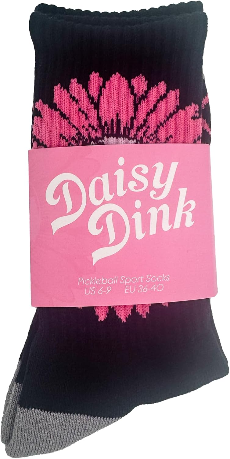 Women's Pickleball Crew Socks | Cushioned & Breathable Athletic Sock with Fun Daisy Graphic | Sizes 6-9 & 9-13