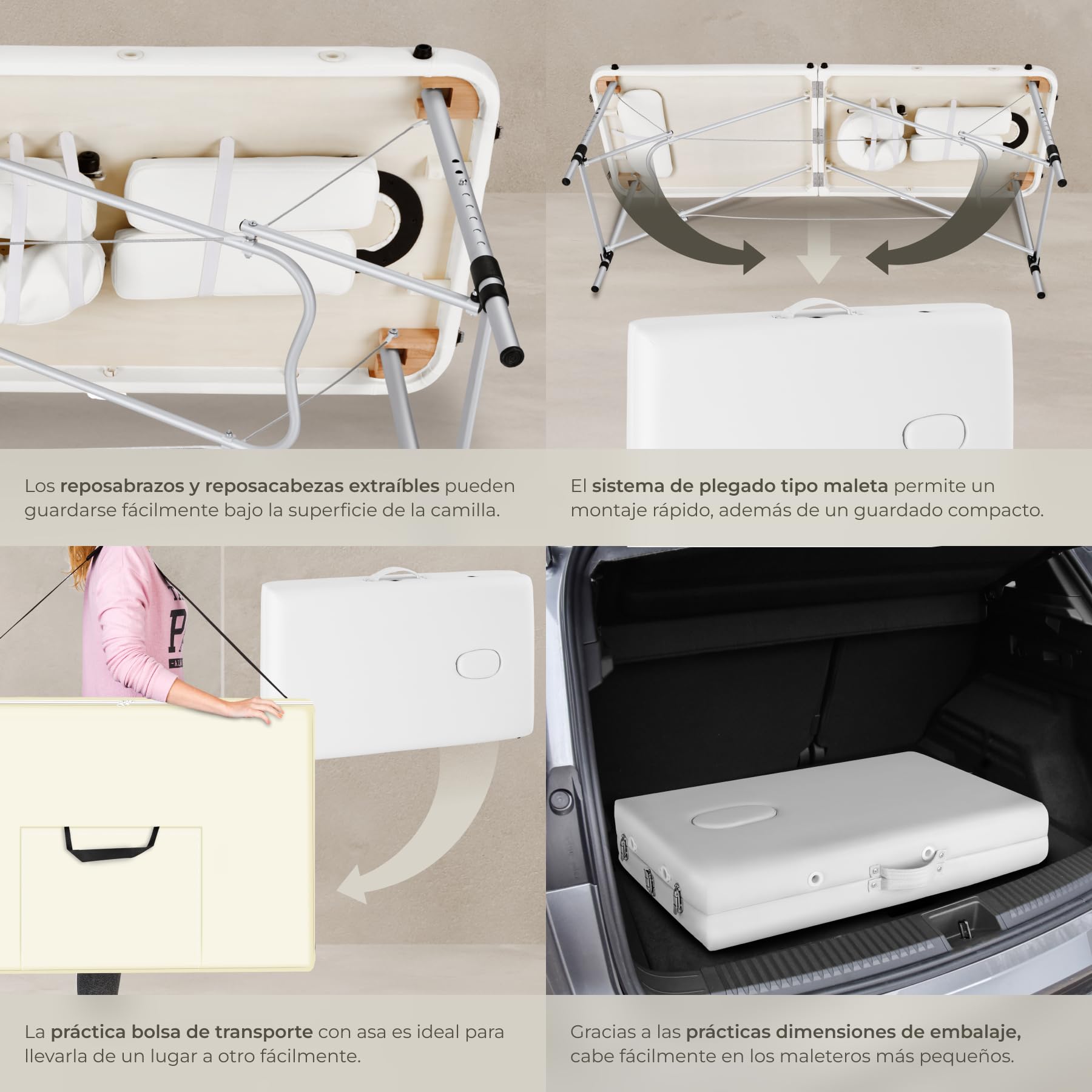 tectake® Camilla Masaje Plegable y Ajustable en Altura, Camilla Estética Profesional de Aluminio, Camilla Profesional Fisioterapia, Quiromasaje, Tatoos, 2 Zonas, con Cojines y Bolsa Transporte -Blanco