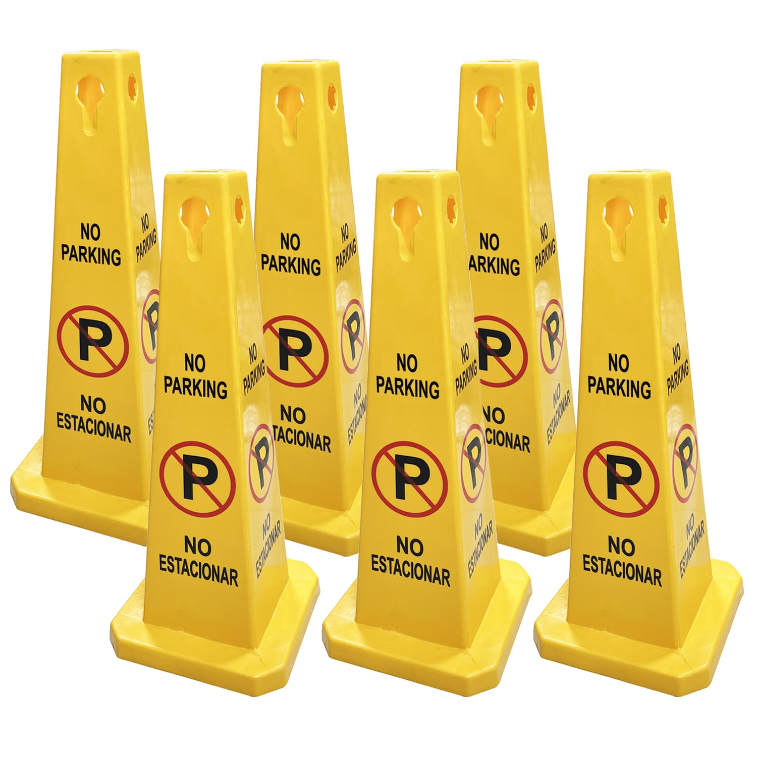 Pack of 6 Four-Sided Traffic Cone No Parking Sign, High Visibility Yellow, 26 inches Heigh, No Parking Cones