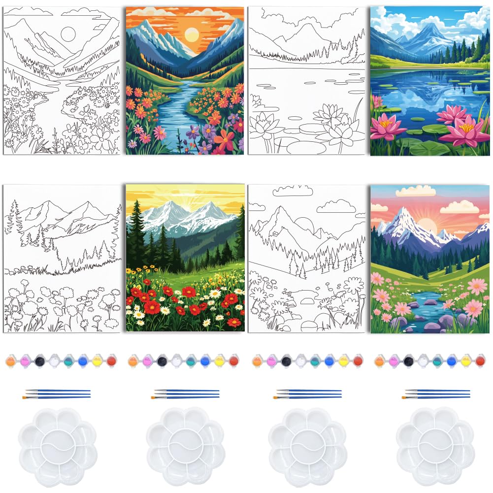 Kit peinture sur toile pré-imprimée WEBEEDY 4 packs 20x25 cm paysage débutant