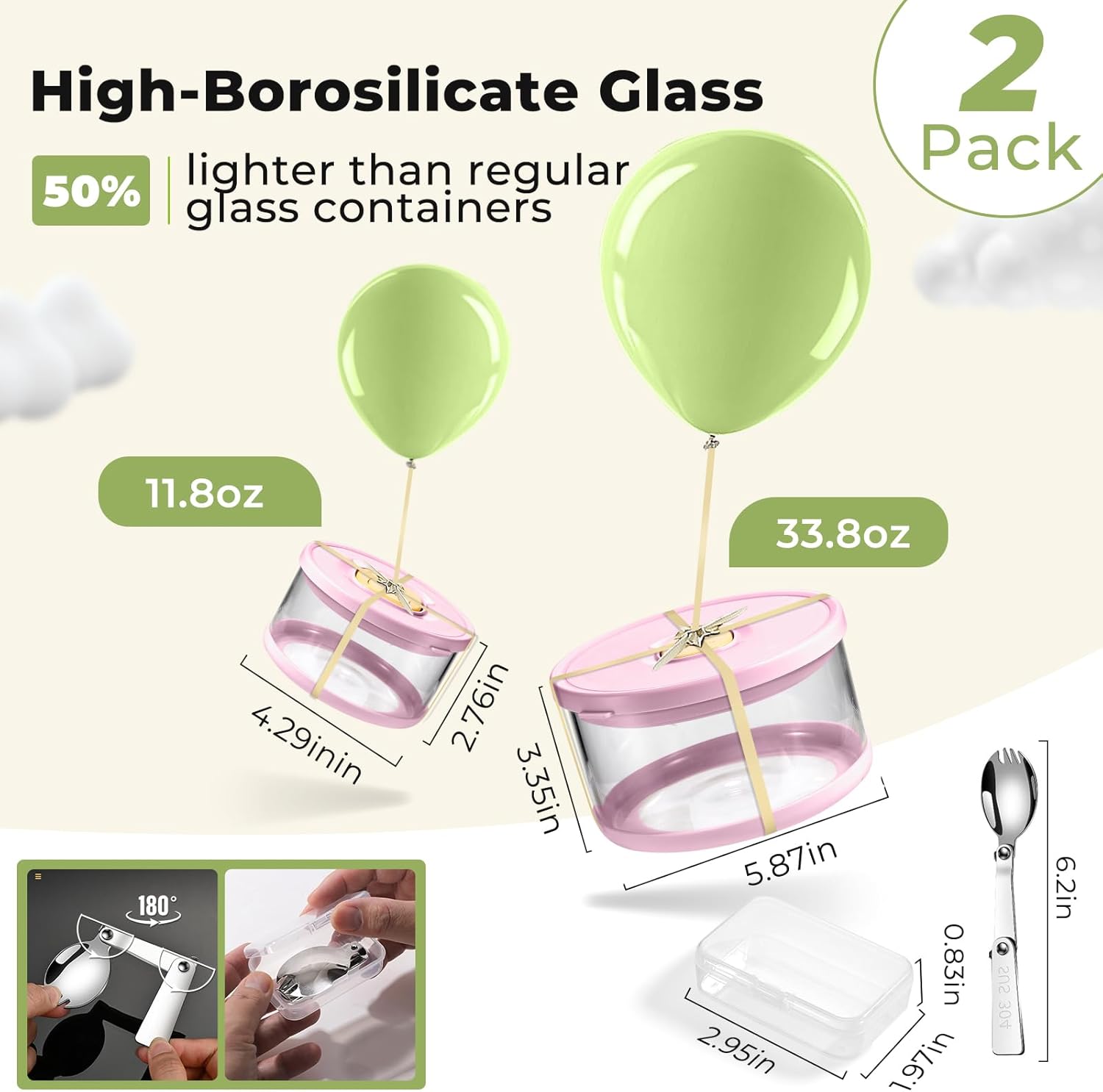 Glass Food Storage Containers with Airtight Lids, 33.8oz & 11.8oz High-Borosilicate Glass Meal Prep Containers with Spork, Bento Lunch Boxes for Salad, Ramen, Soup, Snacks, Fruit - 2 Pack, Pink - Image 2