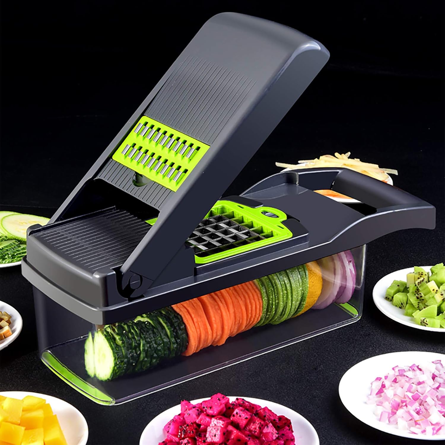 Multifunctional Onion Mincer Chopper Dicer Manual Mandolin Slicer with Container Kitchen Vegetable Slicer Grater Salad Food Chopper Spiralizer for Tomato Cheese Potato Apple-Grey 31 x 12 x 11 cm (12 x