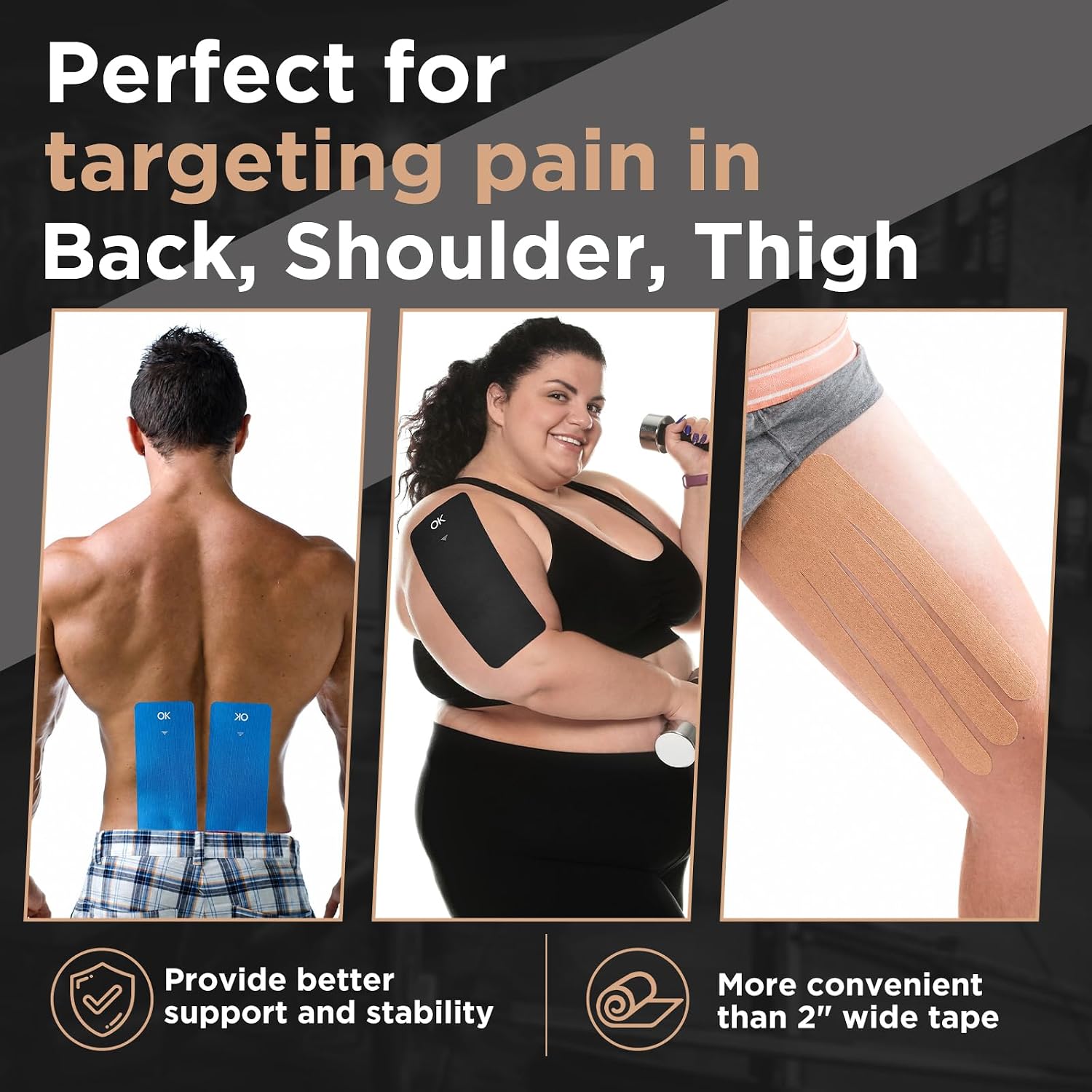 OK TAPE Extra Wide Kinesiology Tape, Precut Strips, Elastic Physical Therapy Athletic Tape for Pain Relief & Joint Support, Latex Free | Back, Shoulder, Knee (4" x 10" - 10Pcs) Beige