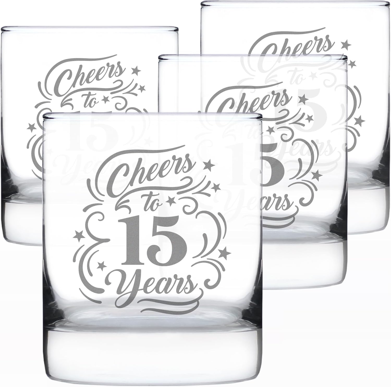 Bevvee Cheers to 15 Years - Whiskey Rocks Glass Gifts for Women & Men - 15th Anniversary Party Decor - Set of 2-10.25 Oz Glasses