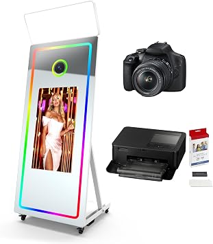 Magic Mirror Photo Booth, 65 Mirror Photo Booth, 32 Interactive Touch Screen, Built-in Mini PC with Instant Print and Sharingwith Camera and Mini Printer-White