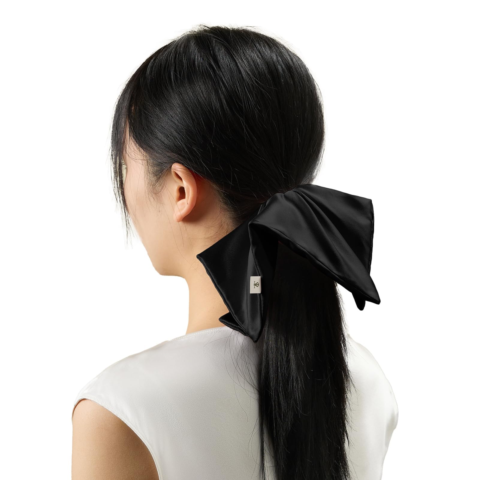 LILYSILK Women 100% Silk Scrunchie Square Pinwheel Design Elastic Hair Band Ladies Elegant Thick Ponytail Hair Tie 1pc Black