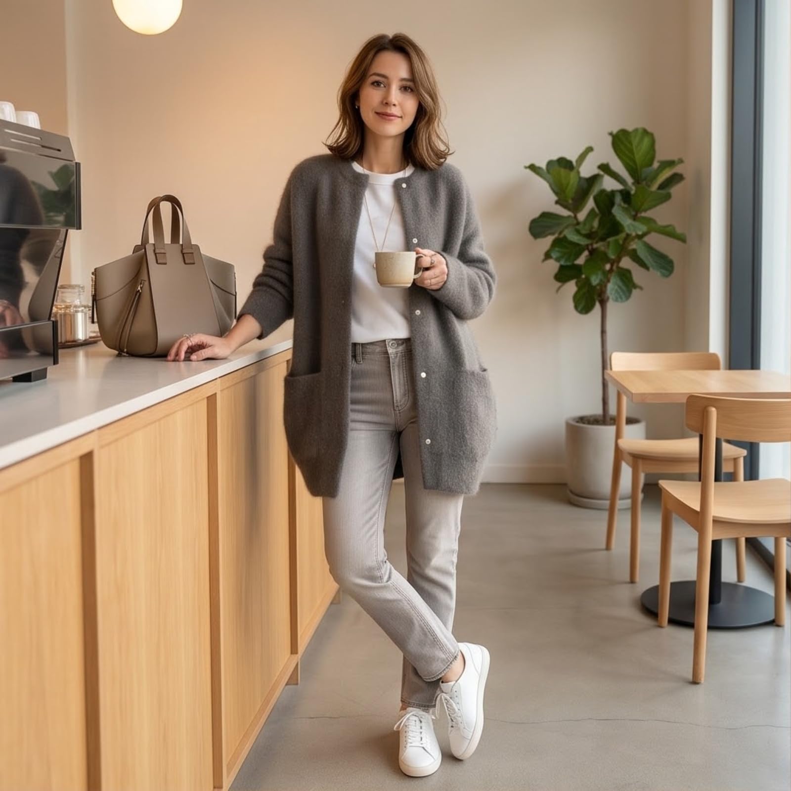 Strickjacke Damen Flauschig mit Knöpfen Long Cardigan Winter Feinstrick