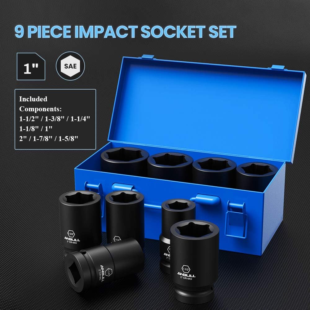 Anbull 1 Inch Drive Deep Impact Socket Set, 9 Pieces Jumbo Impact Socket Sets, 6-Point, SAE Sizes (1'', 1-1/8'', 1-1/14'', 1-3/8'', 1-1/2'', 1-5/8'', 1-3/4'', 1-7/8'', 2''), CR-Mo Steel (1 Inch-SAE)