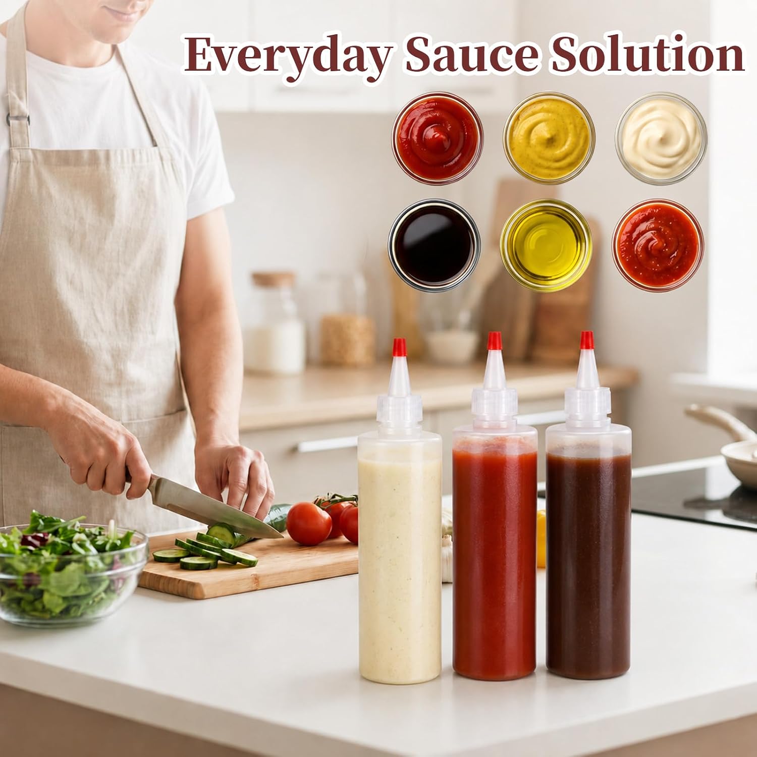 Skrfren 3 Pcs 8.5 oz Plastic Squeeze Condiment Bottles with Red Tip Cap