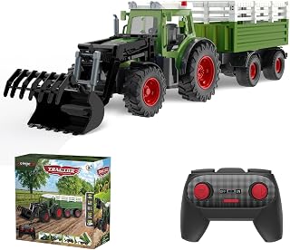 kolegend Remote Control Tractor with RC Dump Trailer & Front Loader, Kids RC Tractor Toy 2.4Ghz Remote for Driving and Dumping, 8 Wide Wheels &Lights, Farm Toy for Kids Ages 3+