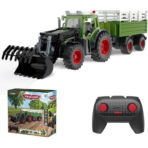 kolegend Remote Control Tractor with RC Dump Trailer & Front Loader, Kids RC Tractor Toy 2.4Ghz Remote for Driving and Dumping, 8 Wide Wheels &Lights, Farm Toy for Kids Ages 3+