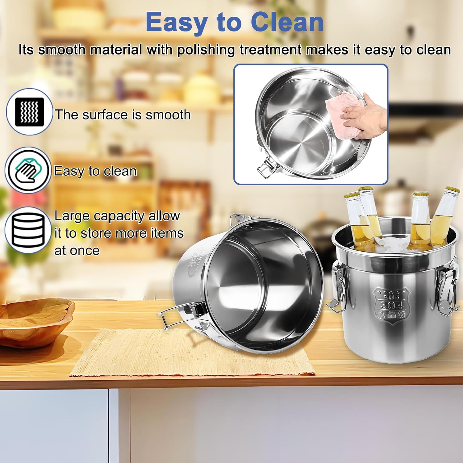 12L 304 Stainless Steel Airtight Canister for Kitchen 3.2Gal/405oz 304 stainless steel food storage containers with lids lock clips airtight container for Rice, Flour, Grain