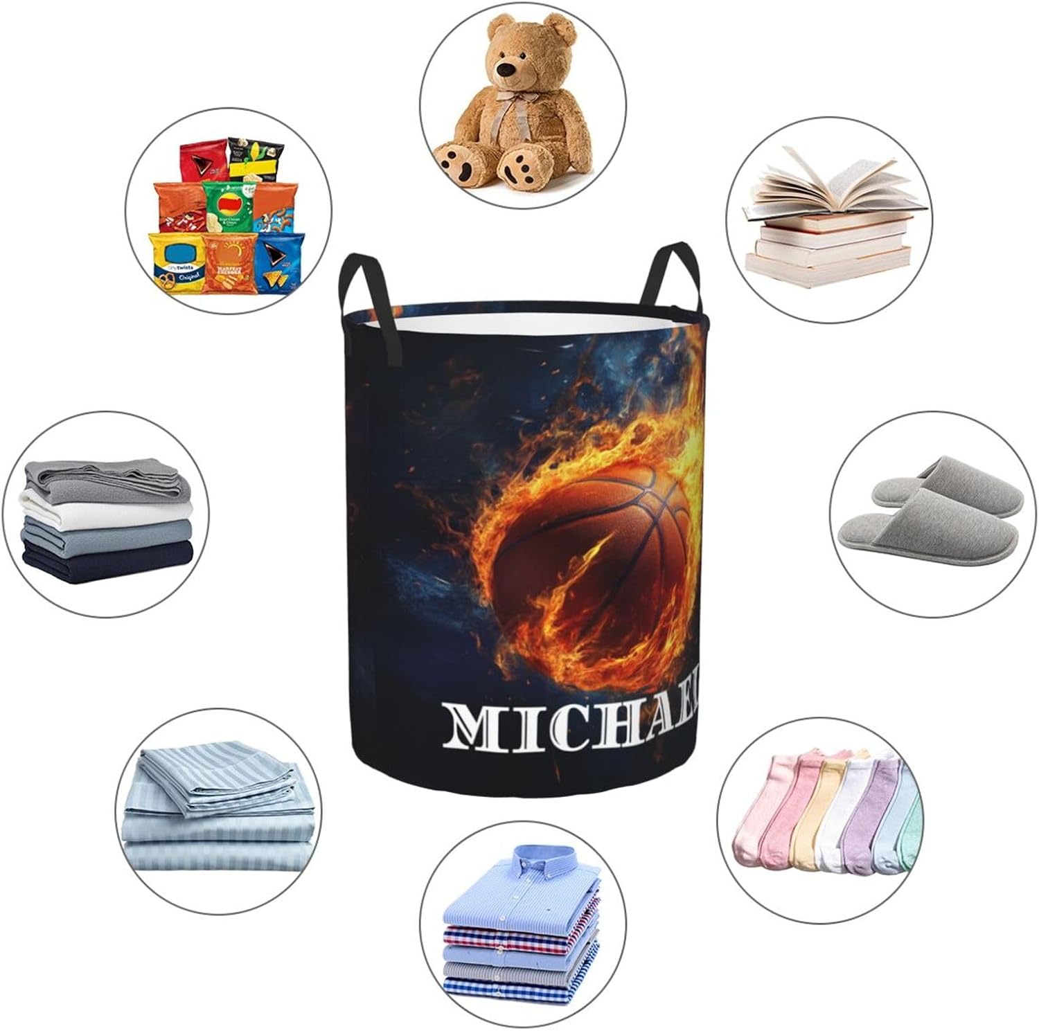 Basketball Flame Custom Laundry Basket with Name Personalized Collapsible Laundry Hamper with Handles Customized Circular Dirty Clothes Storage Organizer for Bathroom Bedroom Boys Girls Adult M