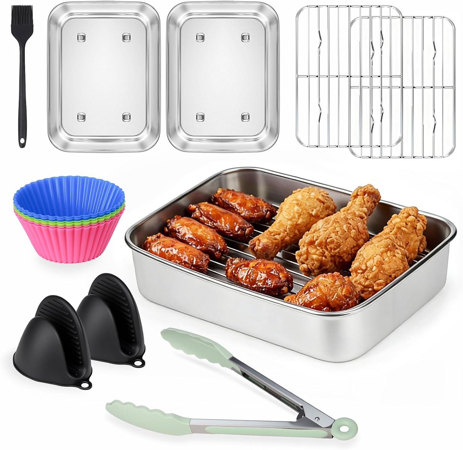 Air Fryer Liners for Ninja DZ201 DZ401 DZ550, Stainless Steel Tray & Grill – Contains Bowls, Drip Grill, Silicone Gloves | 304 steel, durable and long-lasting