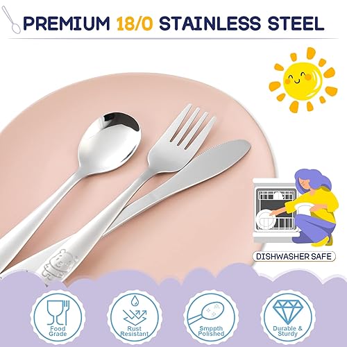 Miniatura 3 de VITEVER Juego de cubiertos de acero inoxidable para niños, 12 piezas, tenedores, cucharas y cuchillos seguros para niños, pulido con espejo, apto