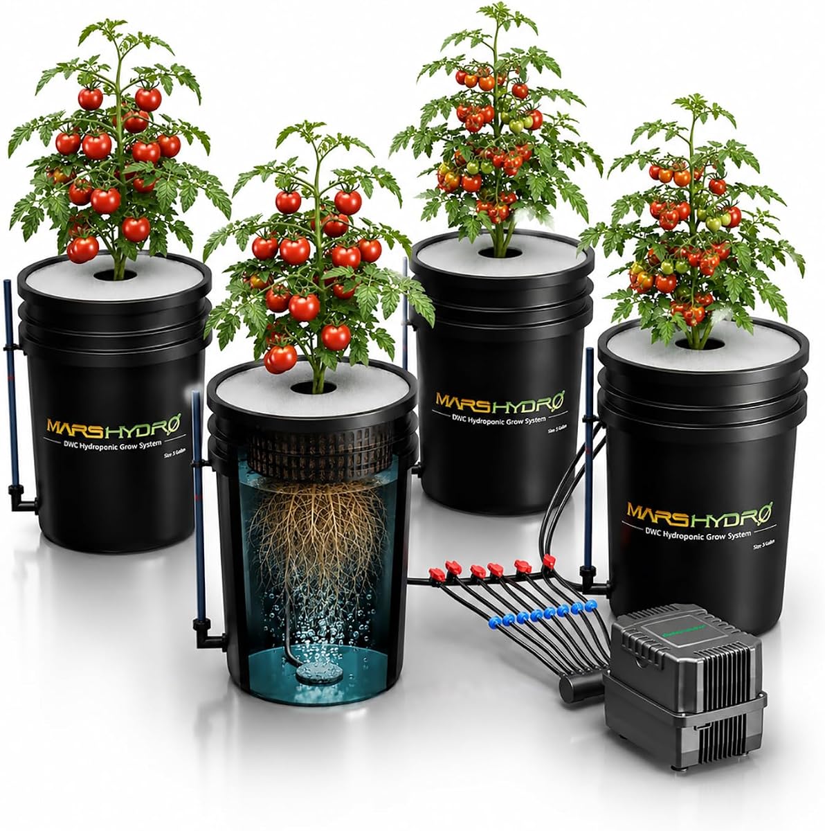 DWC 4‑Bucket Hydroponic System with Pump & Drip | 5 Gallon Capacity, 11W Air Pump, Air Stone & Hose, Recirculating Top Drip, Deep Water Culture Design