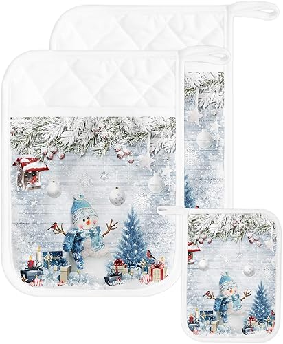 Snowman 2Pcs Pot Holders for Kitchen,Non Slip & Heat Insulation Terry Cloth Potholder Set with Pocket,Thick Hot Pad Oven Mitts Trivet Coaster for