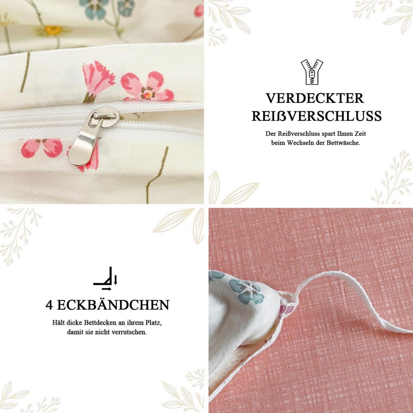 Freyamy Blumen Bettwäsche 135x200 Baumwolle Beige Rosa Bunt Floral Bettwäsche-Sets Mädchen Blumenmuster ÖKO-TEX Bettbezug 1 Deckenbezug mit Reißverschluss und Kissenbezug 80x80cm