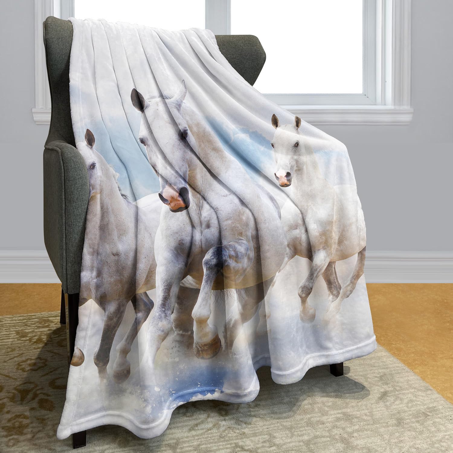 YISUMEI Decke 150x200 cm Kuscheldecken Sanft Flanell Weich Fleecedecke Bettüberwurf Weiß Pferd Laufendes