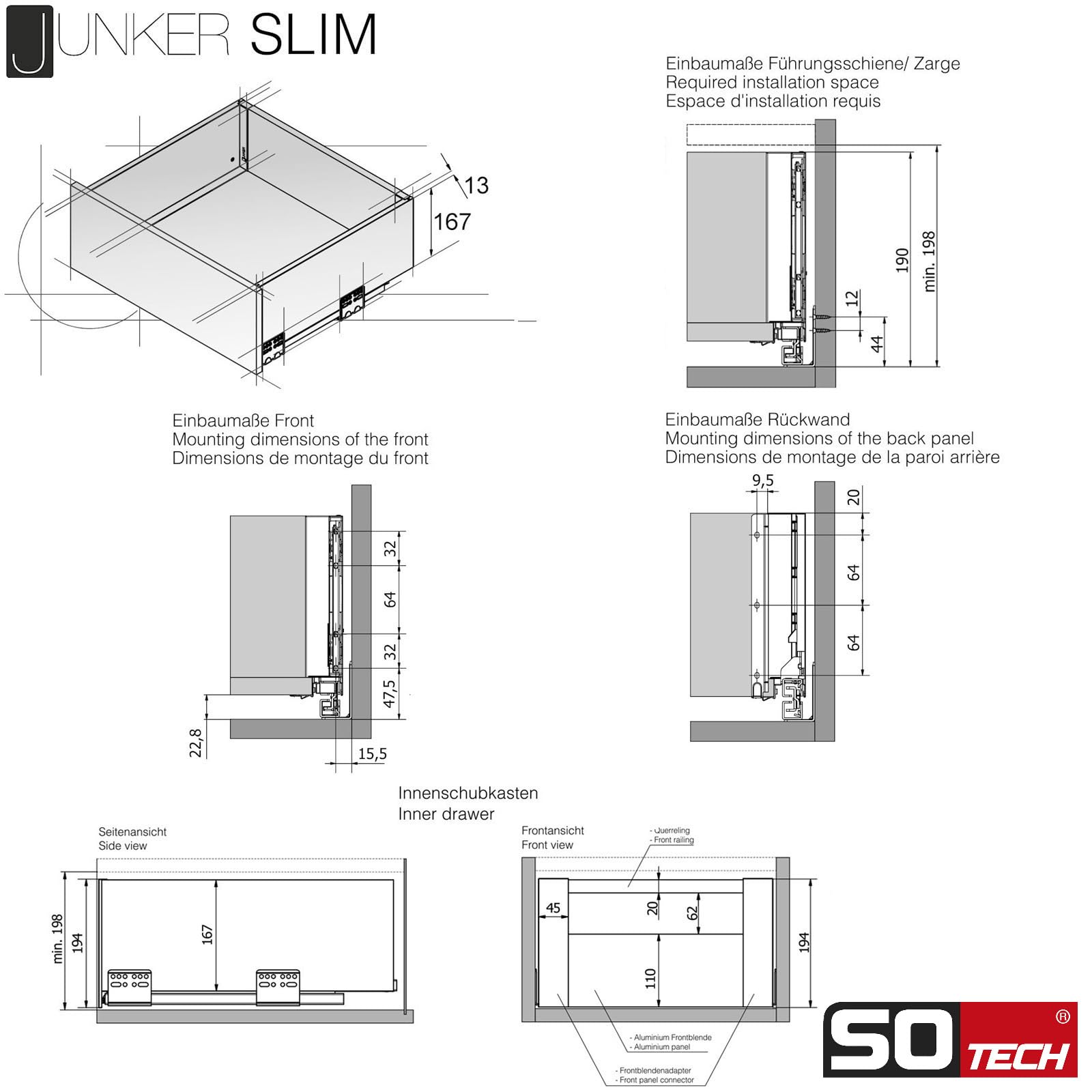 SOTECH Sistema di cassetti SLIM con Push to Open antracite, altezza 167 mm | profondità 350 mm, portata fino a 35 kg cassetto con telai da 13 mm