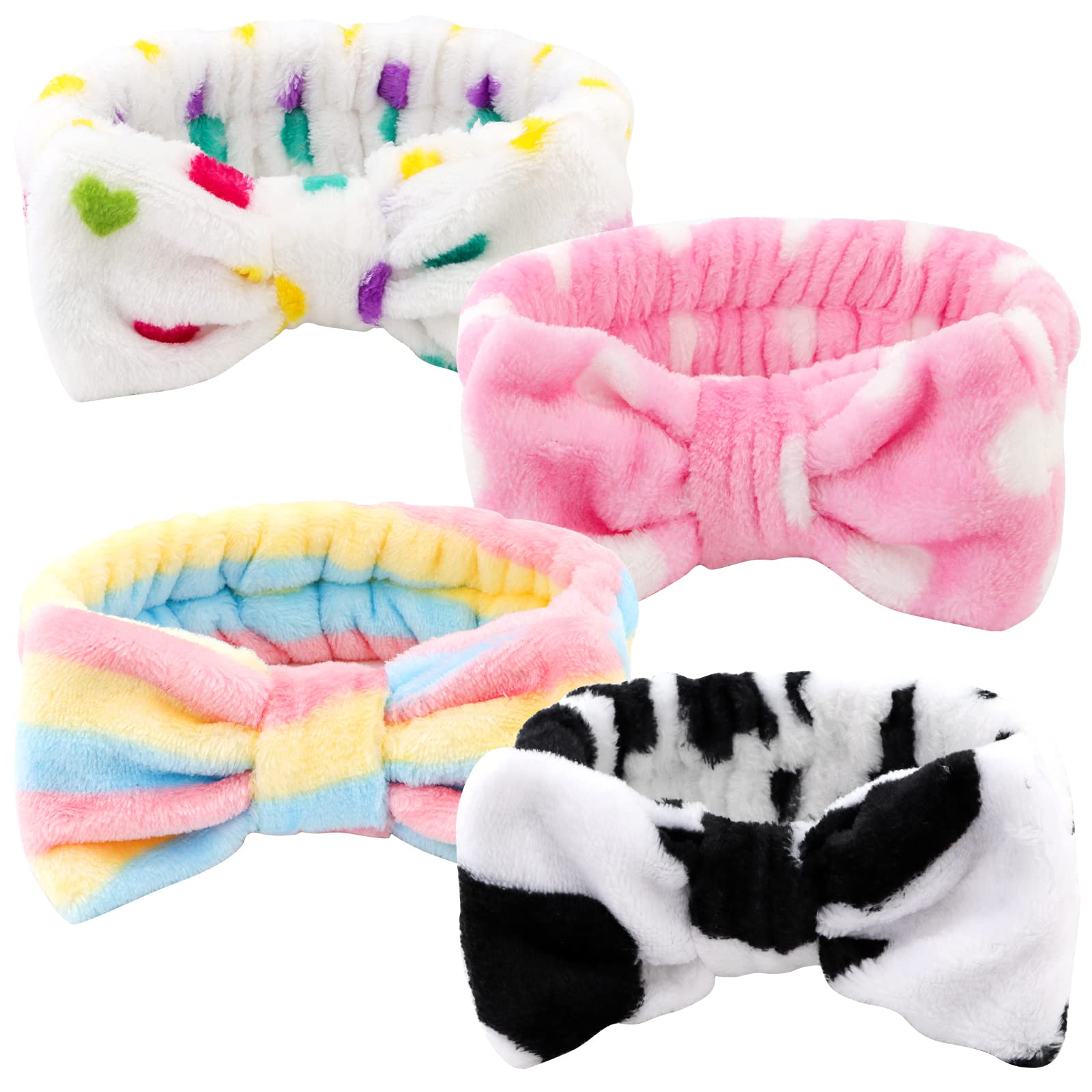 YISSION4PCS Spa Headband with Bow No Slip Head Band for Face Wash Makeup Skincare Facial Headband Elastic Hair Band Carol Fleece Headbands for Women Girls (4 patterns)