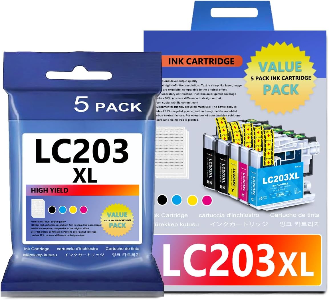 LC203XL 201 High Yield Ink Cartridges 5-Pack (2BK/1C/1M/1Y) Replacement for Brother MFC-J480DW MFC-J880DW MFC-J4420DW MFC-J680DW MFC-J885DW Printer
