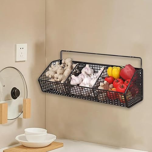 Miniatura 2 de Cesta de pared  Estante de pared de 3 compartimentos para almacenamiento de cocina, organizador que ahorra espacio para cebolla, ajo, jengibre y