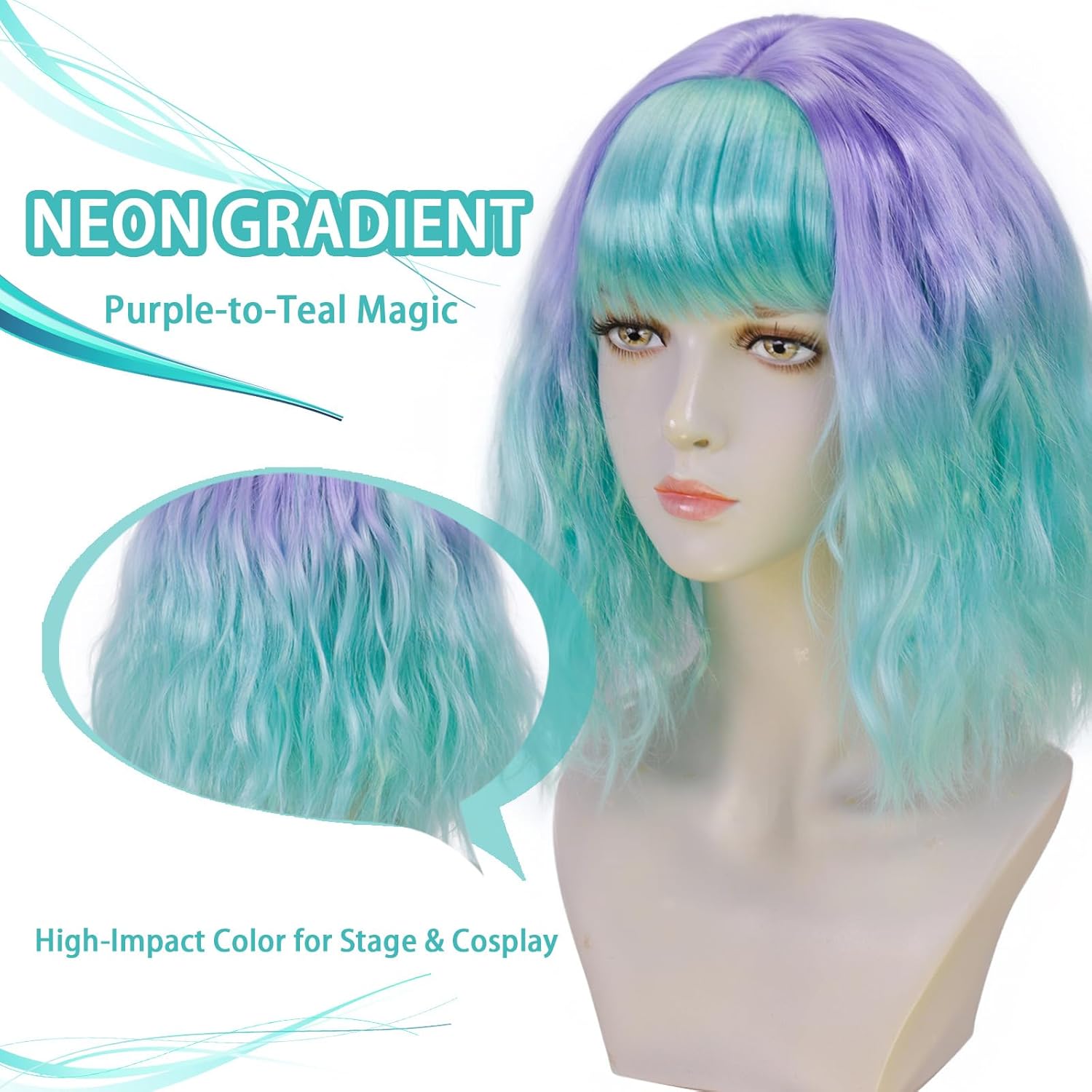 (Wig Cap + Short Bob Teal Wig 14 Inches Teal Purple Ombre Short Wavy Wigs with Bangs Green Synthetic Hair for Women Shoulder Length Cosplay Wigs with Curls Halloween Party Costume Outfit - Image 3