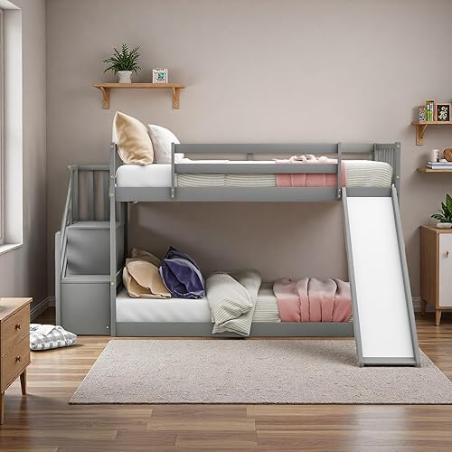 SOFTSEA Twin Over Twin Bunk Beds with Slide Low Bunk Bed Frame with Storage Drawers Stairway Wood Bunk Bed for Kids, Gray