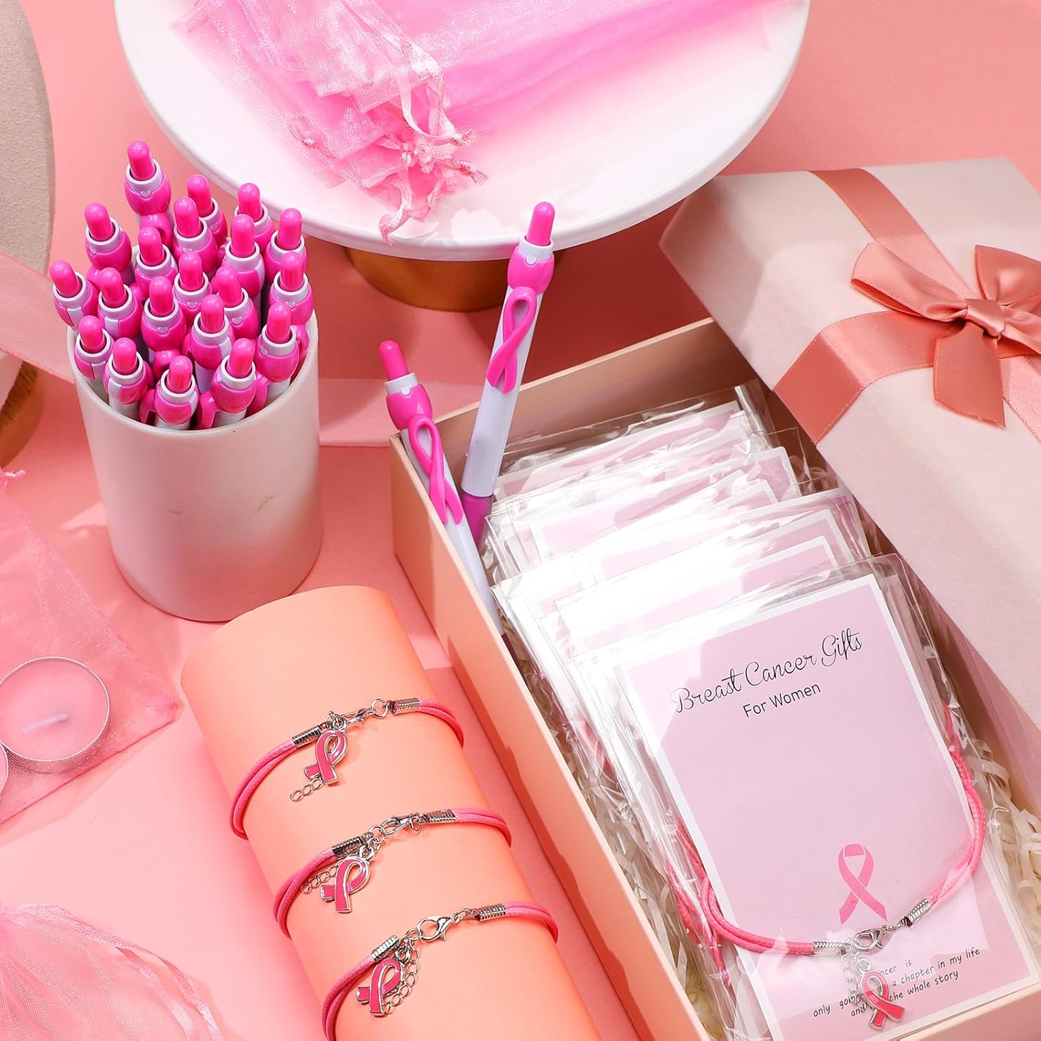 Lincia 72 Pcs Breast Cancer Gifts Bulk Breast Cancer Awareness Pens Items Pink Survivor Gifts Include Pink Ribbon Pens Bracelets Organza Bags for Theme Charity Event Party Favor Gift