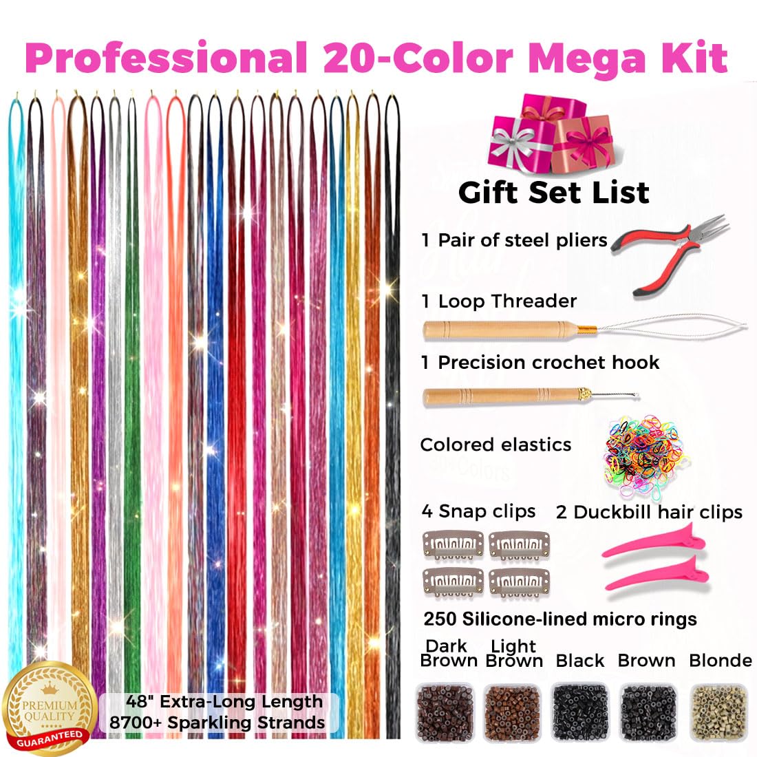 Hair Tinsel Kit with Tools, 8700+ Strands 20 Colors Fairy Hair Extensions, 48 Inch Heat Resistant Holographic Glitter Tinsel, Perfect Christmas Party & Festival Gift for Girls & Women
