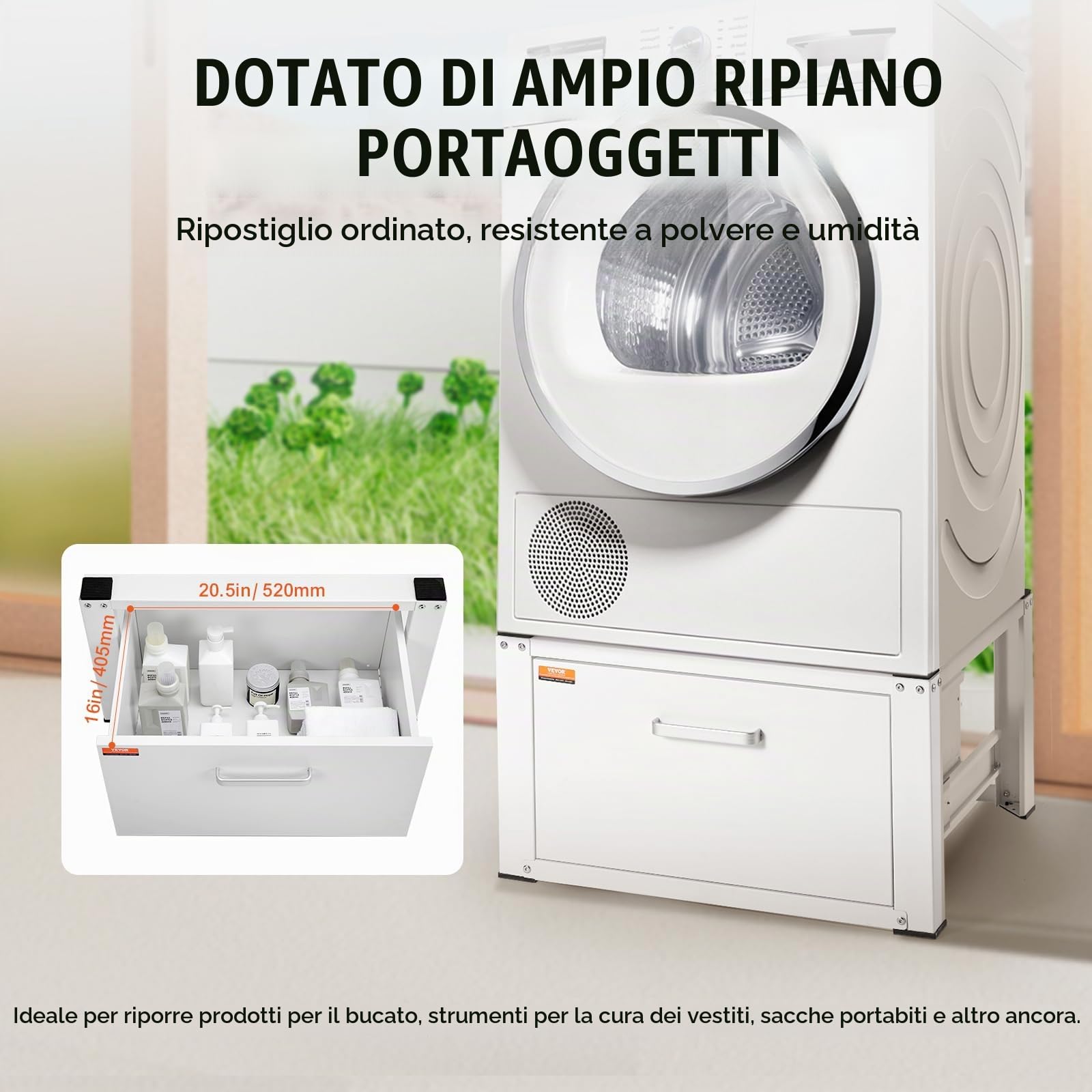 VEVOR Piedistallo per Lavanderia 27" di Larghezza 14,4" di Altezza, Piattaforma Universale con Capacità di 660 Libbre, Base Multifunzionale per Lavatrice con Cassetto e Ricchi Accessori