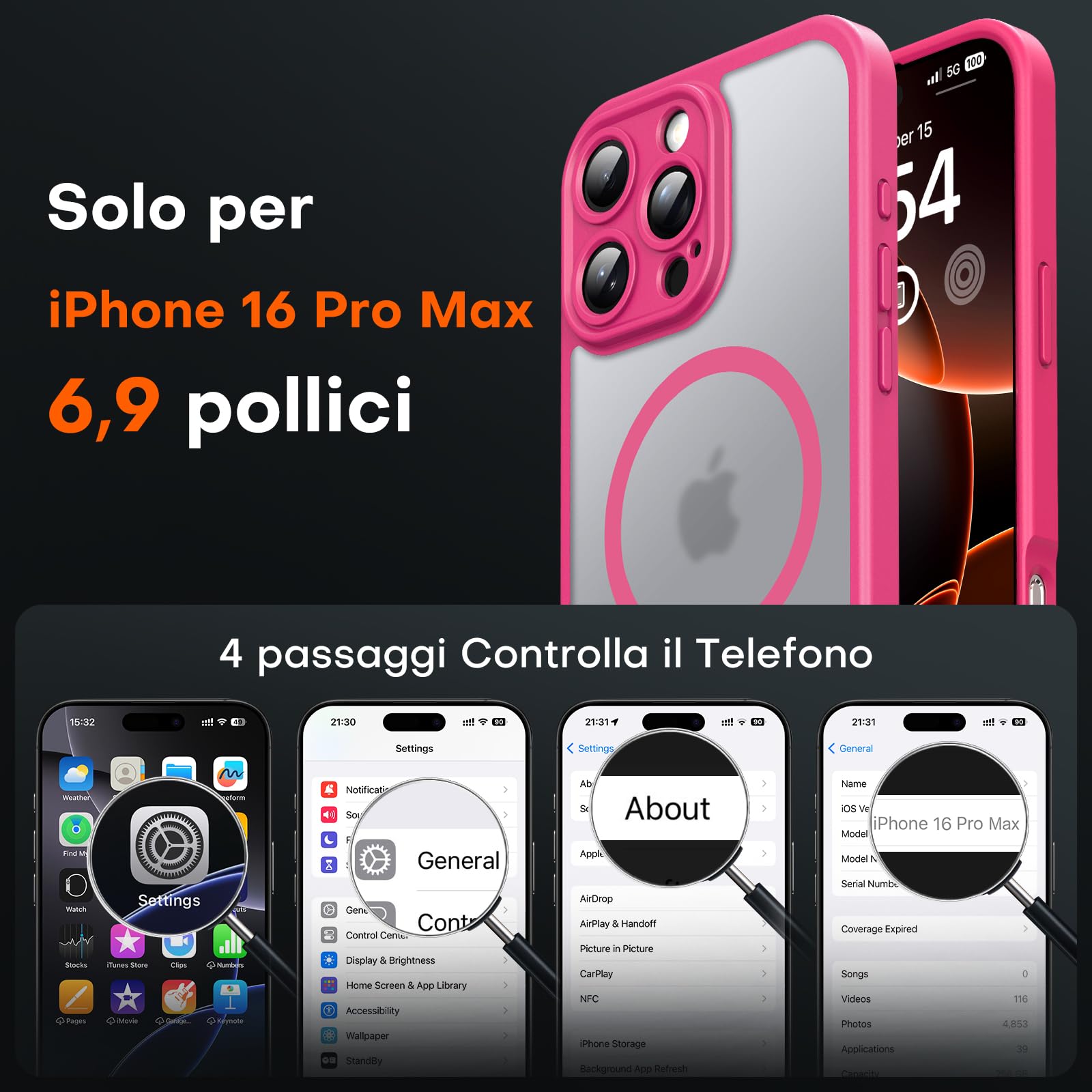 TOCOL Cover Magnetica per iPhone 16 Pro Max 6,9 Pollic, Compatibile con MagSafe, Protezione Fotocamera Integrata, Custodia Antiurto Traslucida Opaca, Rosa Caldo