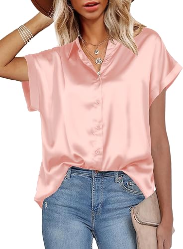 HOTOUCH Satin Top for Women Silk Button Down Shirts Casual Short Sleeve V-Neck B