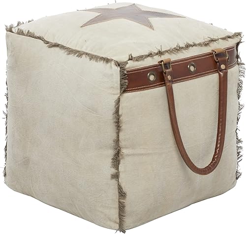 Miniatura 12 de Deco 79 Puf de lona con asas de cuero, 20 x 20 x 19 pulgadas, blanco