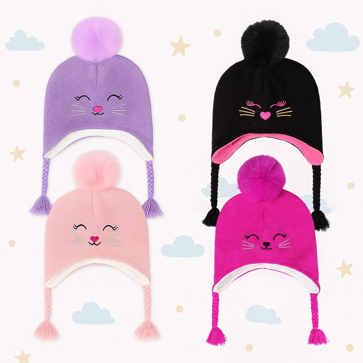 Toddler Girls Cat Ear Winter Hat Warm Knit Beanie Kids Earflap Cap for Cold Weather - Image 6