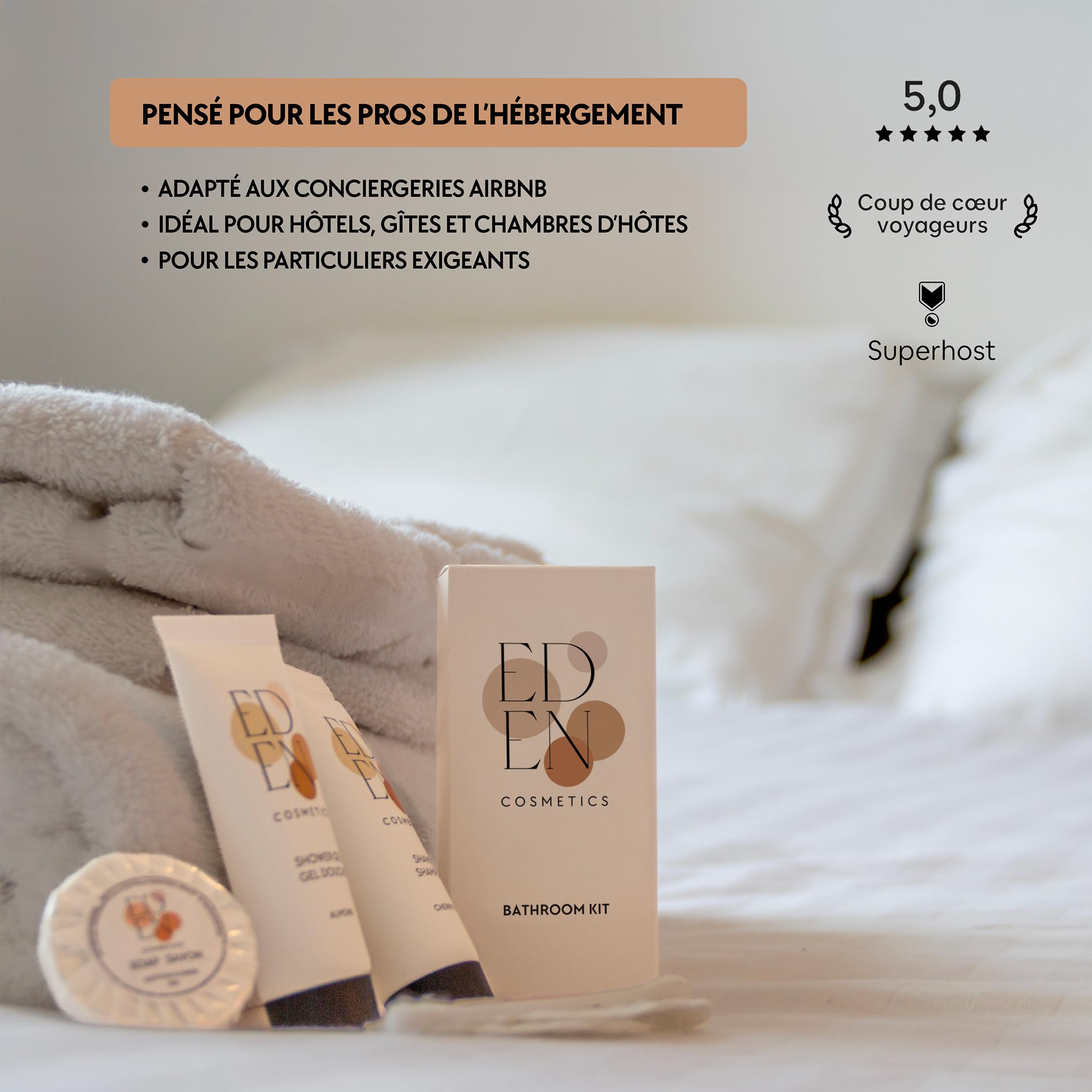 Kit d'accueil pour Salle de Bain | Idéal pour Locations Airbnb & Hôtels | Cosmetique Parfumé | Lot de 50 Kits Complets et Prêts à l'emploi | Produit d'accueil