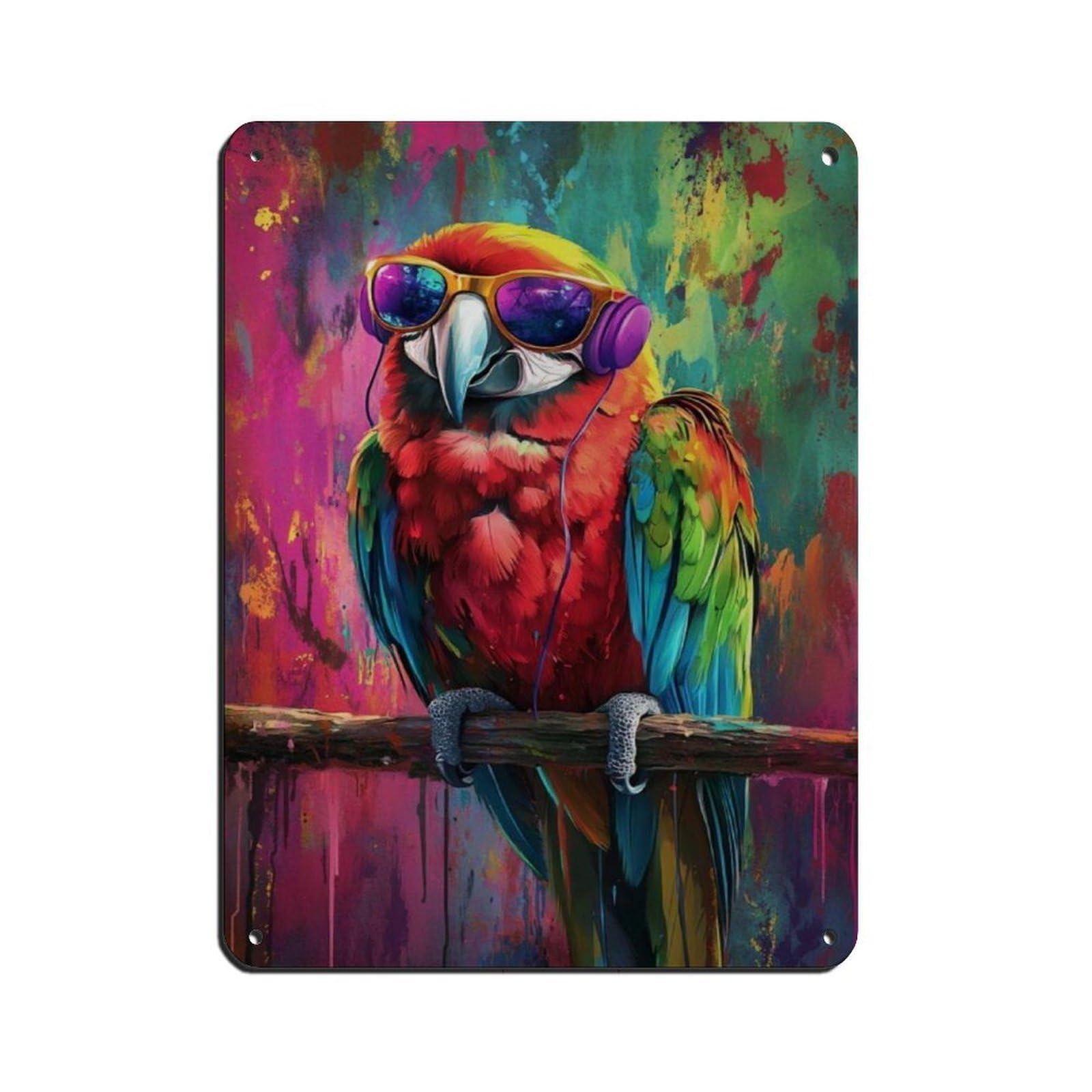 Parrot With Headphones Poster Tin Sign Vintage Metal Pub Club Cafe Bar Home Wall Art Decoration Poster Retro 12x16inch(30x40cm)