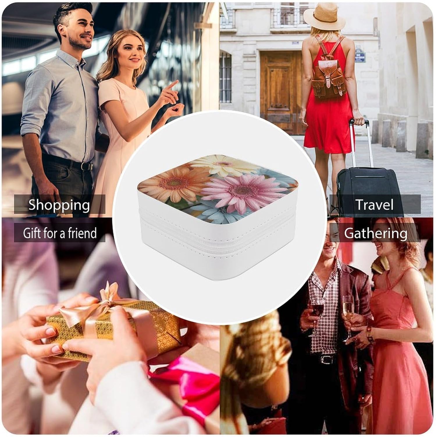 Colorful Daisy Flower Jewelry Box Fashion Jewelry Storage Box PU Leather Jewelry Organizer Storage Case Trinket Organizer Square Travel Jewelry Case with Zipper for Women image 5