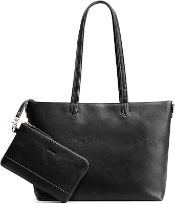 S-ZONE Leather Tote Bag for Women Large Shoulder Bag Top Handle Handbag | Fits 15" Laptop, Removable Pouch, Adjustable Strap, Work Satchel Purse 2Pcs Set for Daily Shopping Travel