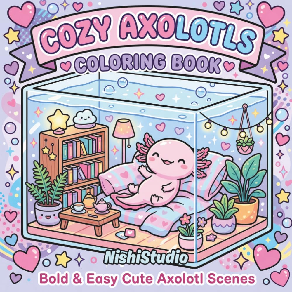 Cozy Axolotls Coloring Book for Adults & Teens: Bold & Easy Cute Axolotl Scenes for Relaxation, Stress Relief & Soft Life Coloring