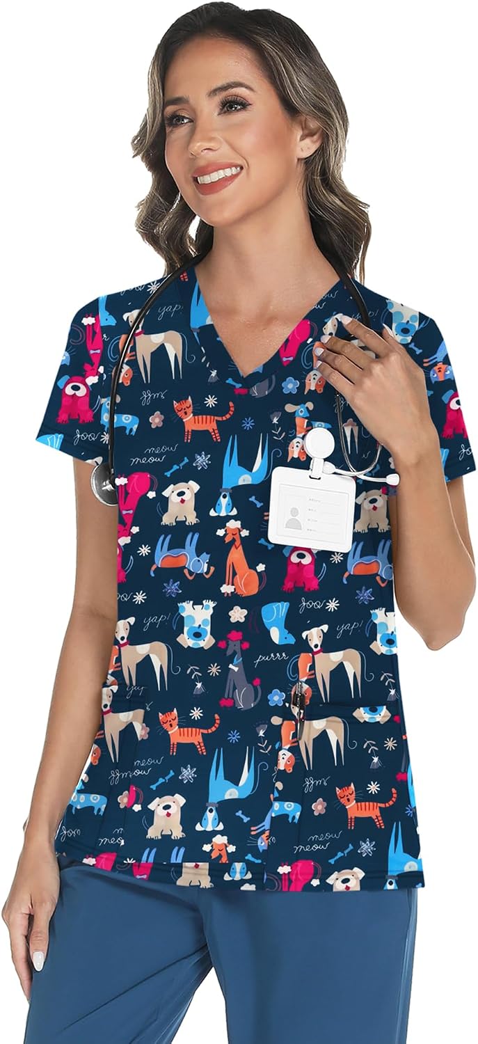 LOMON Women's V Neck Printed Scrub Top with 3 Pockets image 2