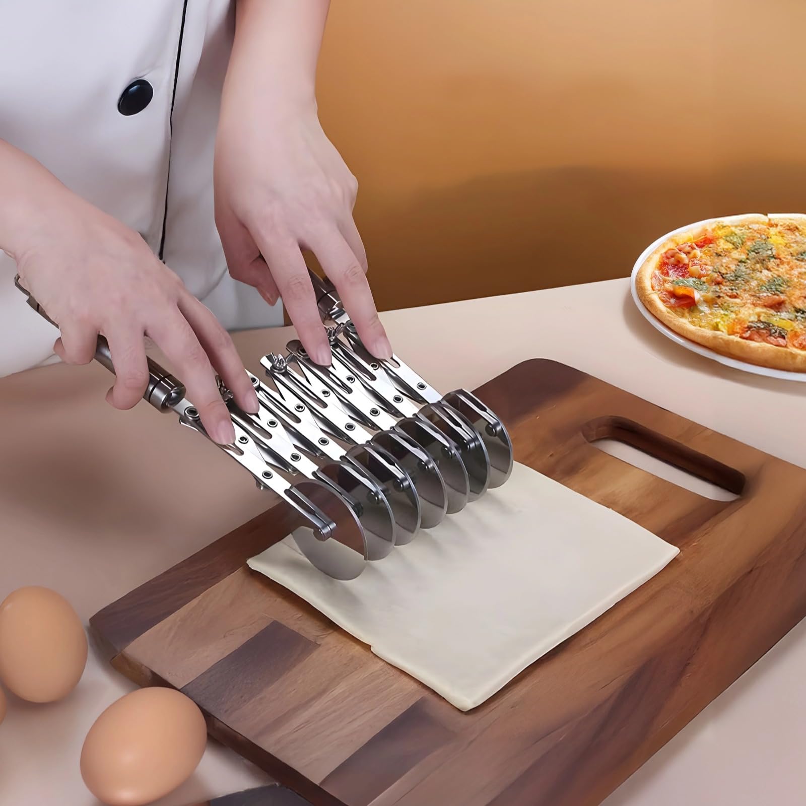 Varku 5 Wheel Pastry Cutter,Stainless Steel Pizza Slicer Pasta Cutter,Adjustable Multi-Wheel Dough Cake Slicer Tool with Handle,Includes Small Serrated Pizza Cutter