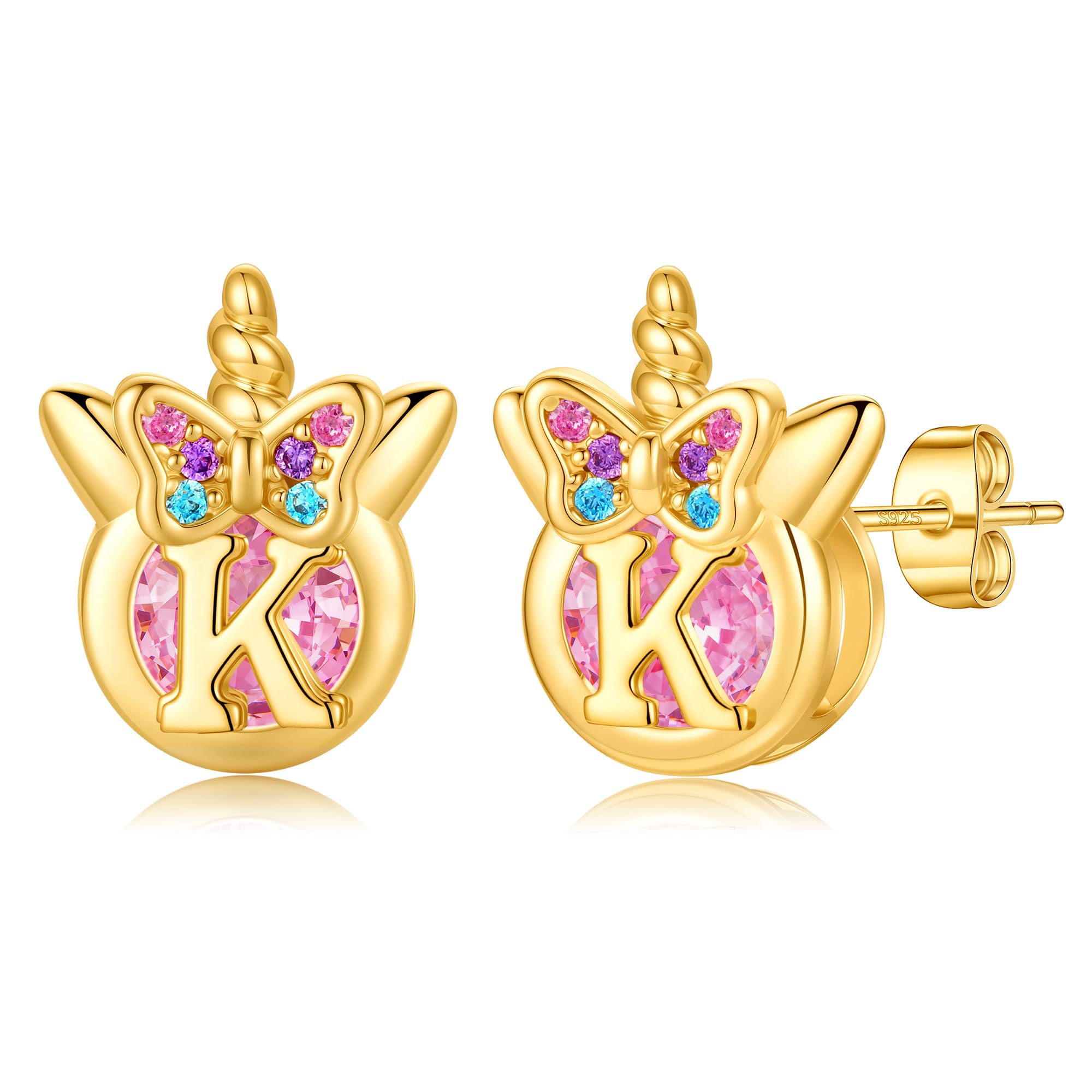 TINGN Einhorn Ohrringe für Mädchen Geschenke - Hypoallergene Bunte Regenbogen Rosa Zirkonia Buchstaben Ohrstecker Blumen Schmetterling Silber 925 Ohrringe Kinder Schmuck Geschenke für Mädchen Tochter