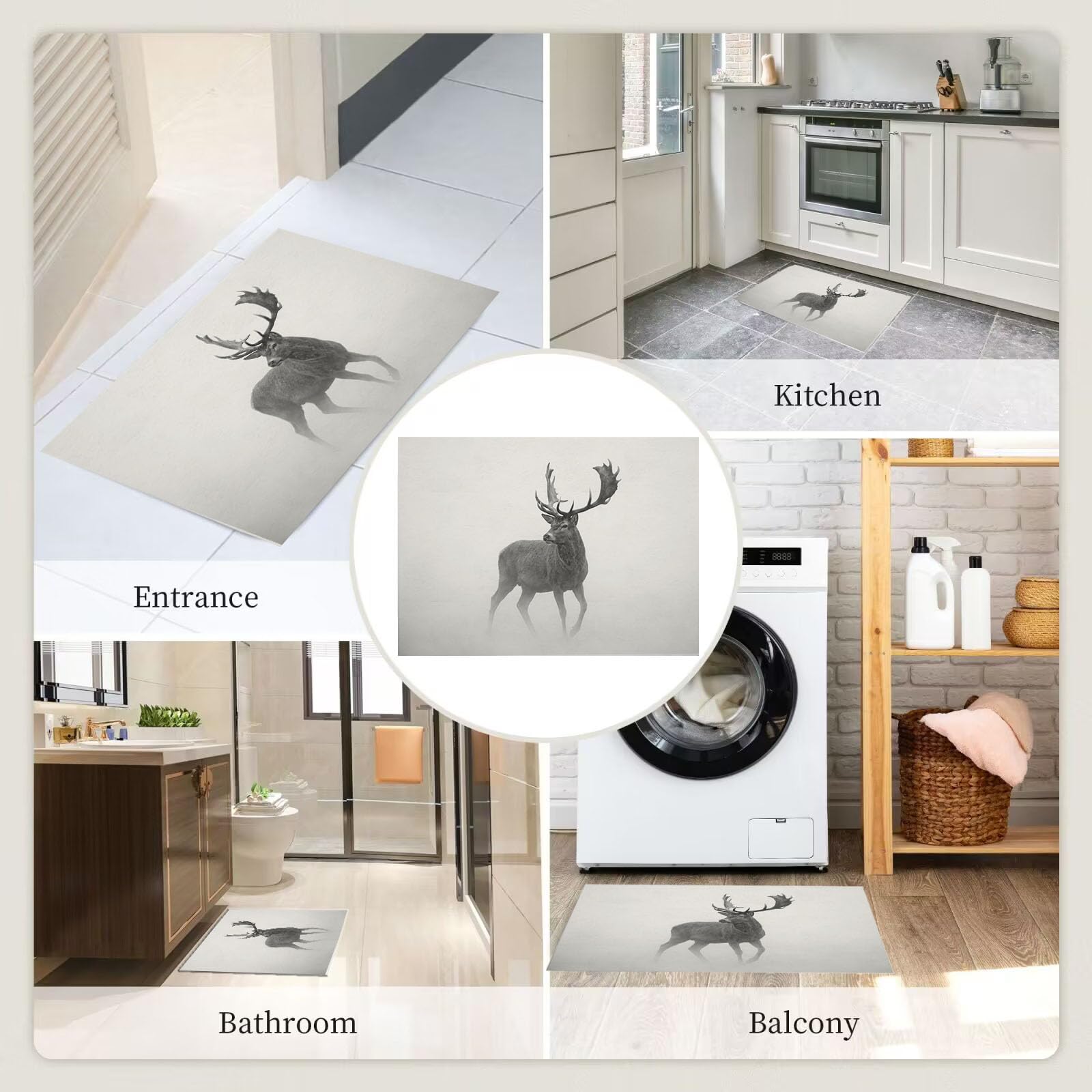 Felpudo Entrada Casa, 90X150Cm Alfombra Entrada Antideslizante Renos De Niebla Natural, Alfombrilla Fino Animales Simples Absorbentes Lavable para Entrada, Pasillo, Cocina, Beige