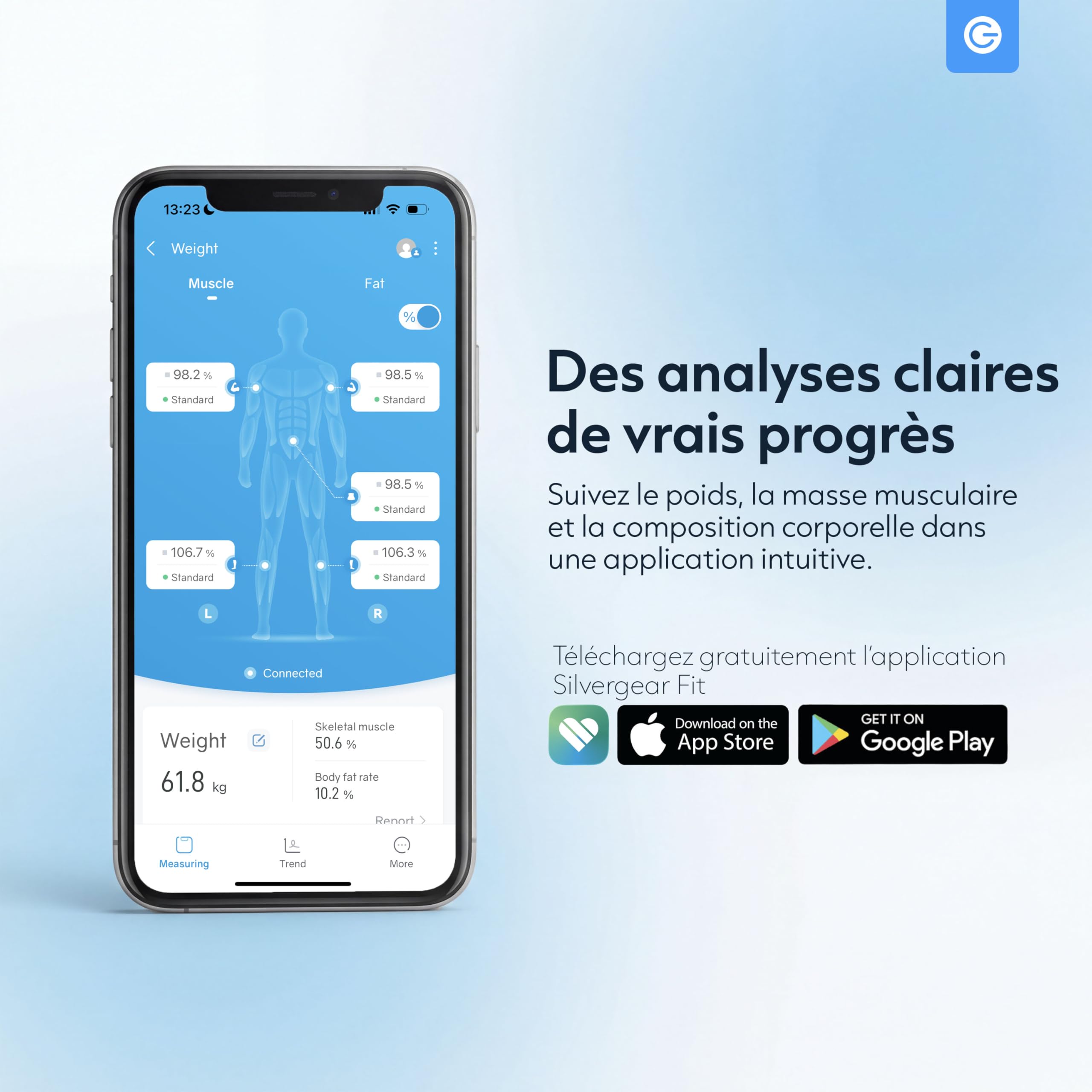 Silvergear® Pese Personne avec Poignée | Balance Pese Personnes | Analyse de Graisse Corporelle, Masse Musculaire, IMC, Poid des Os, BMR, Fr. Cardiaque | Impédancemètre avec App | Blanc