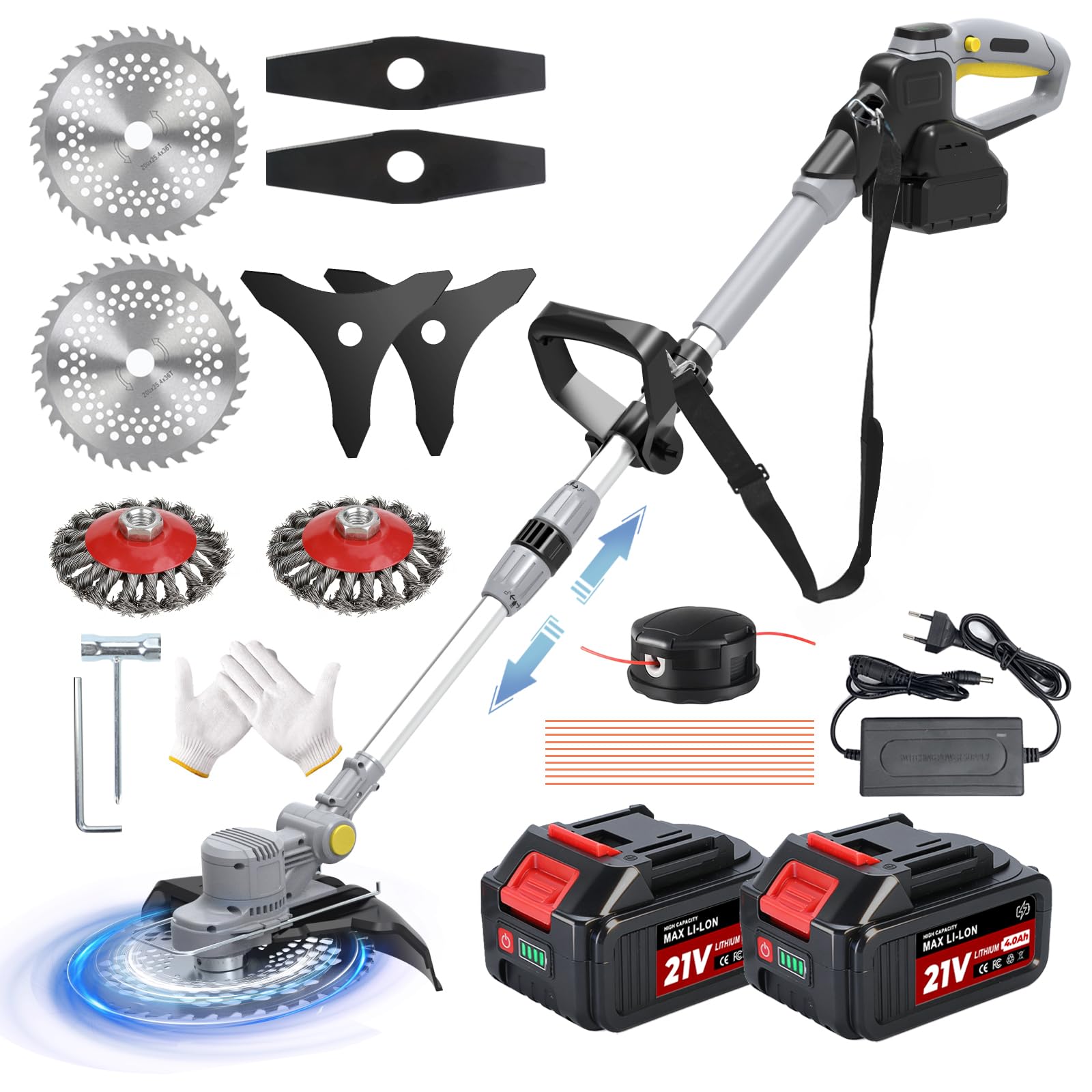 Decespugliatore a Batteria 21V, Tagliabordi a Batteria 5 In 1 Tagliaerba a Batteria con Spazzola per Erbacce e 2 Batterie 4,0 Ah, Brushless Decespugliatore Elettrico, Maniglia a Scomparsa, Grigio